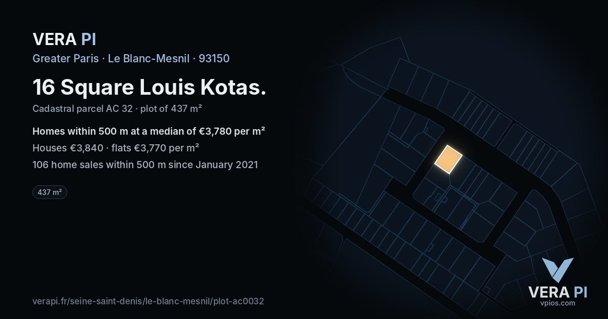 16 Square Louis Kotas, Le Blanc-Mesnil at night – the plot lit, the parcels around coloured by the prices near them