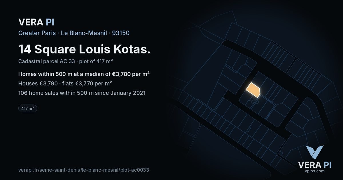 14 Square Louis Kotas, Le Blanc-Mesnil at night – the plot lit, the parcels around coloured by the prices near them