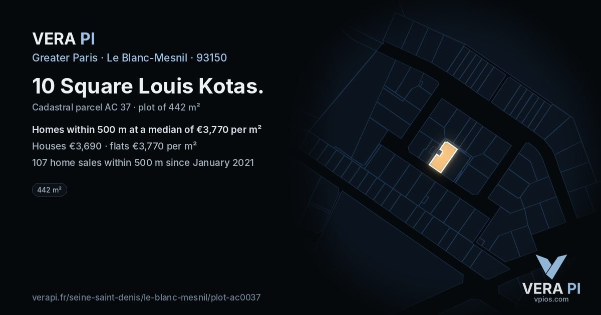 10 Square Louis Kotas, Le Blanc-Mesnil at night – the plot lit, the parcels around coloured by the prices near them