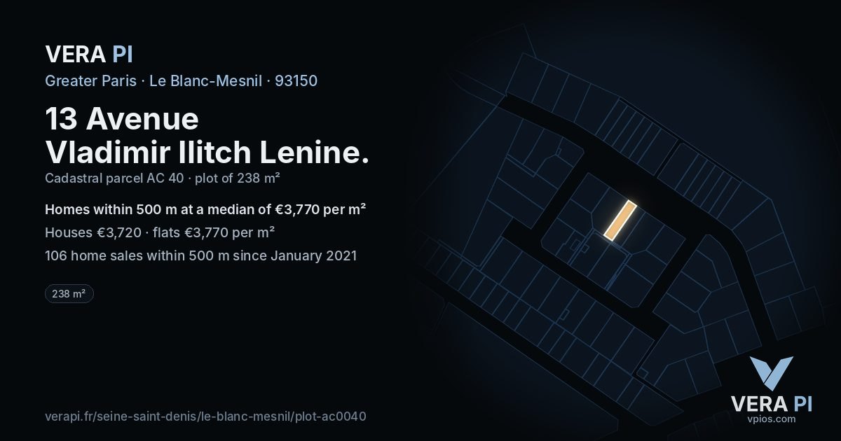 13 Avenue Vladimir Ilitch Lenine, Le Blanc-Mesnil at night – the plot lit, the parcels around coloured by the prices near them