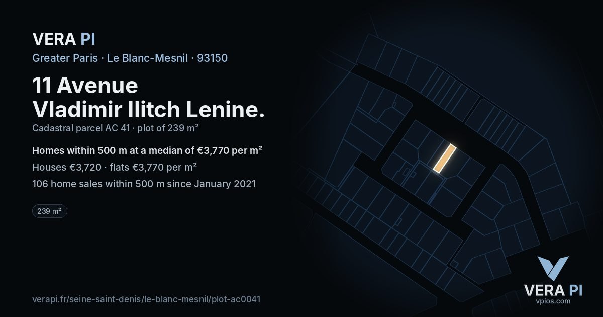 11 Avenue Vladimir Ilitch Lenine, Le Blanc-Mesnil at night – the plot lit, the parcels around coloured by the prices near them
