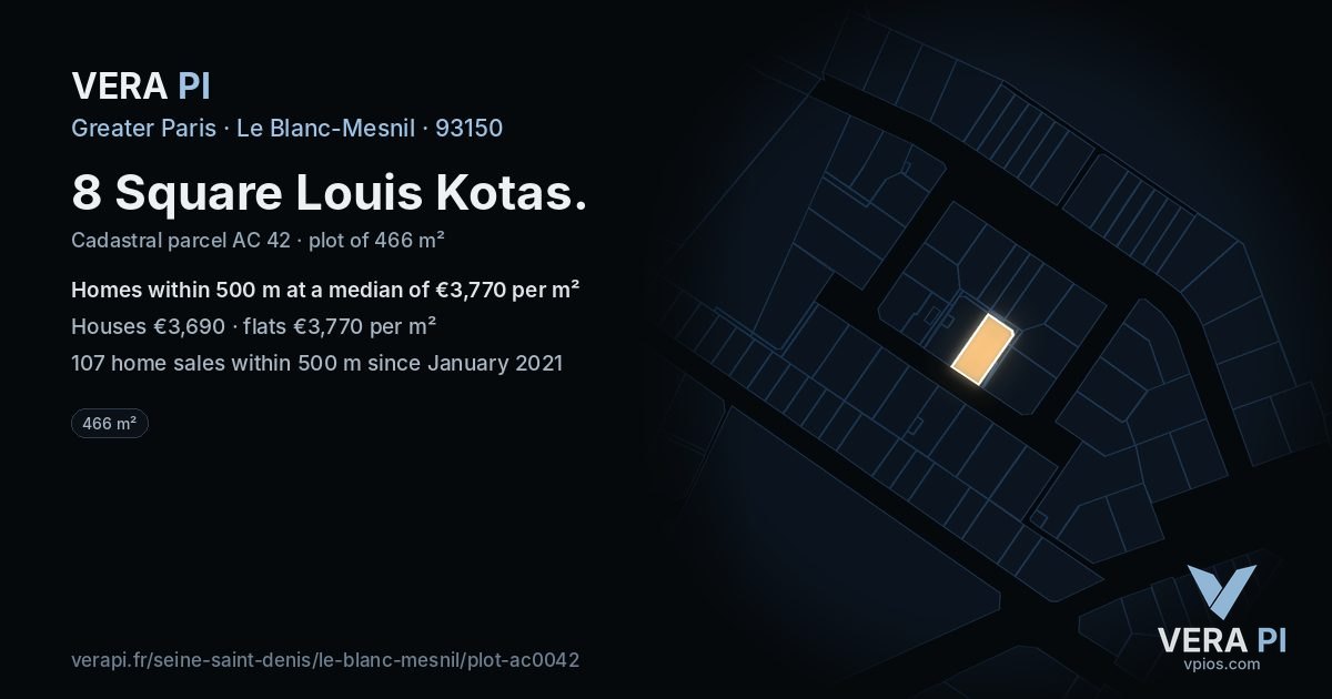 8 Square Louis Kotas, Le Blanc-Mesnil at night – the plot lit, the parcels around coloured by the prices near them