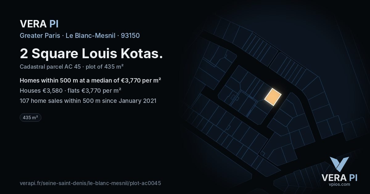 2 Square Louis Kotas, Le Blanc-Mesnil at night – the plot lit, the parcels around coloured by the prices near them