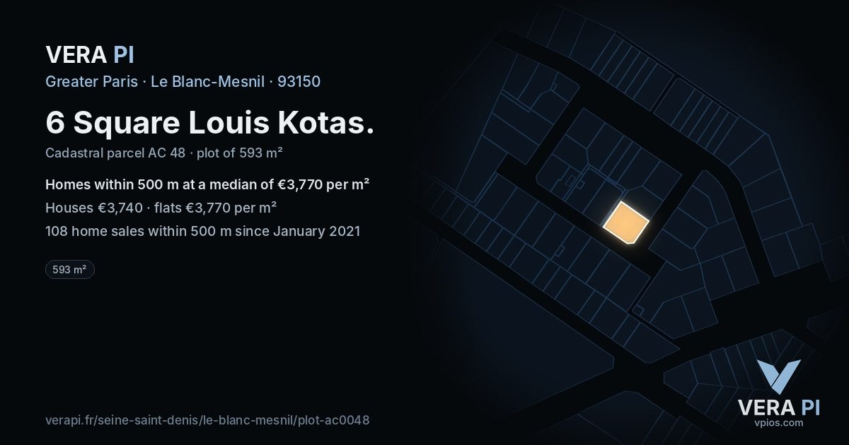 6 Square Louis Kotas, Le Blanc-Mesnil at night – the plot lit, the parcels around coloured by the prices near them