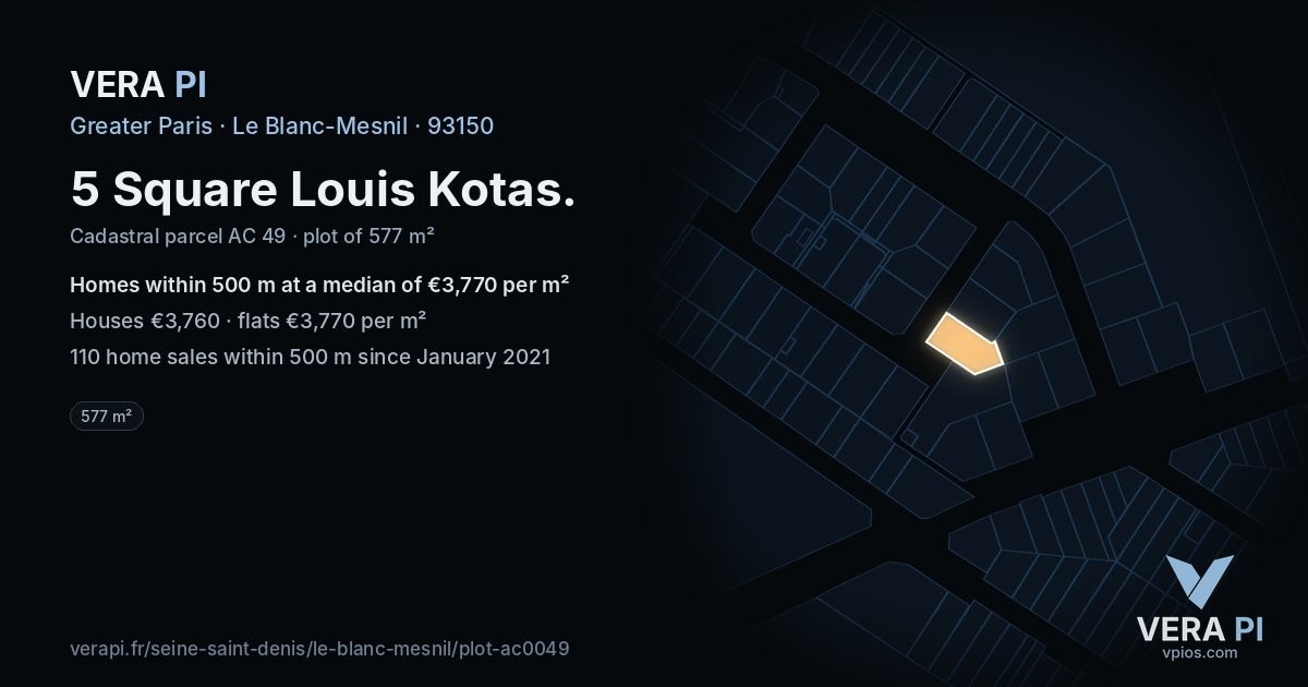 5 Square Louis Kotas, Le Blanc-Mesnil at night – the plot lit, the parcels around coloured by the prices near them