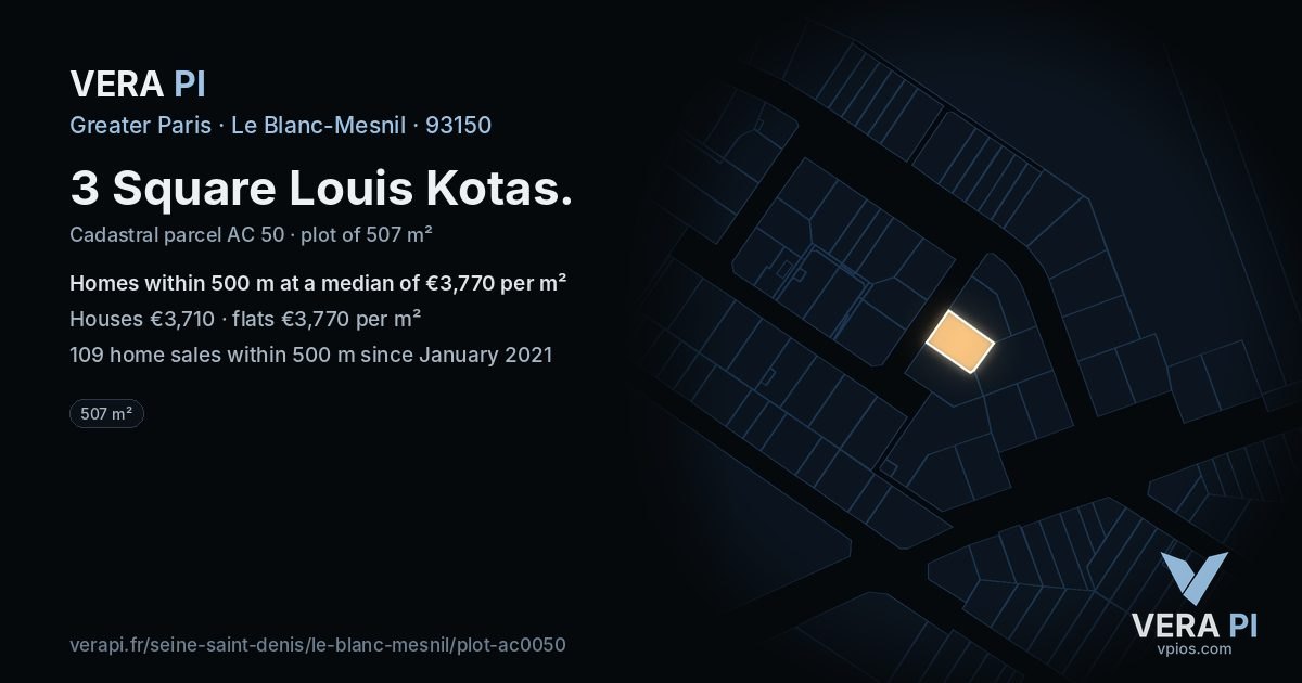 3 Square Louis Kotas, Le Blanc-Mesnil at night – the plot lit, the parcels around coloured by the prices near them