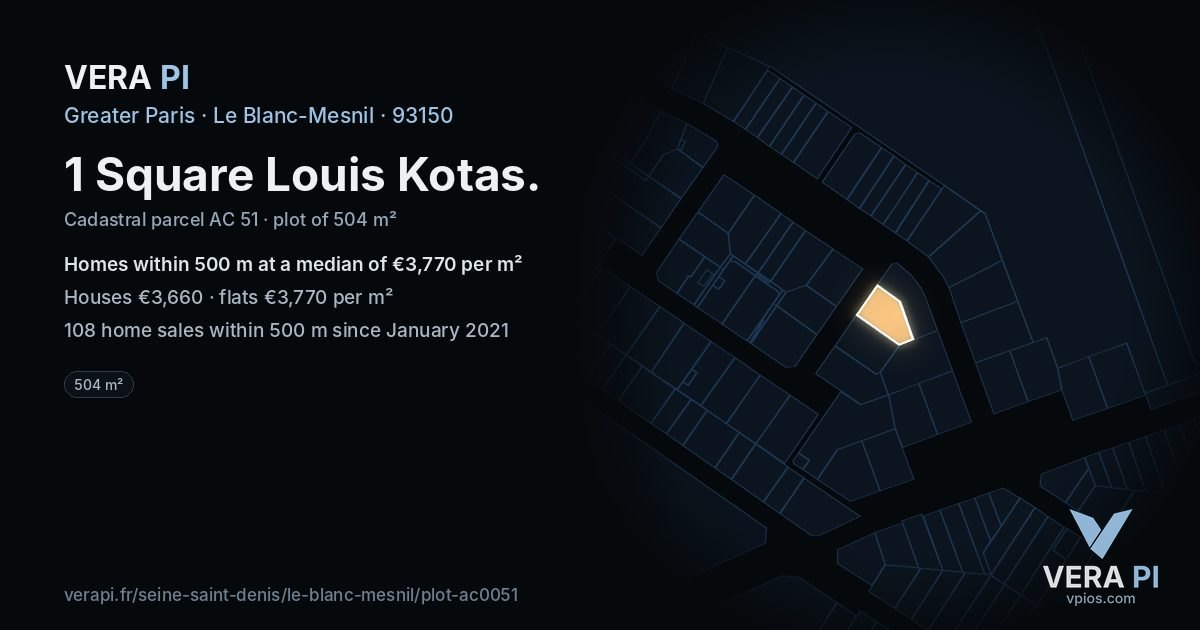 1 Square Louis Kotas, Le Blanc-Mesnil at night – the plot lit, the parcels around coloured by the prices near them