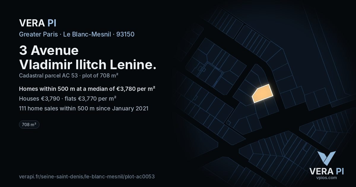 3 Avenue Vladimir Ilitch Lenine, Le Blanc-Mesnil at night – the plot lit, the parcels around coloured by the prices near them