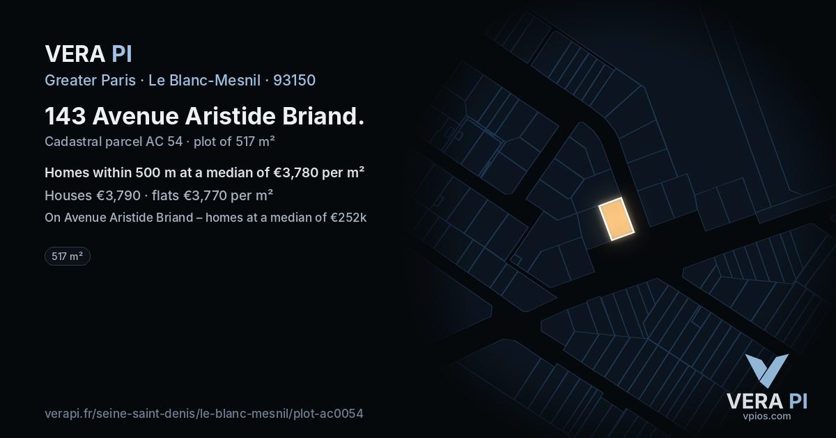 143 Avenue Aristide Briand, Le Blanc-Mesnil at night – the plot lit, the parcels around coloured by the prices near them
