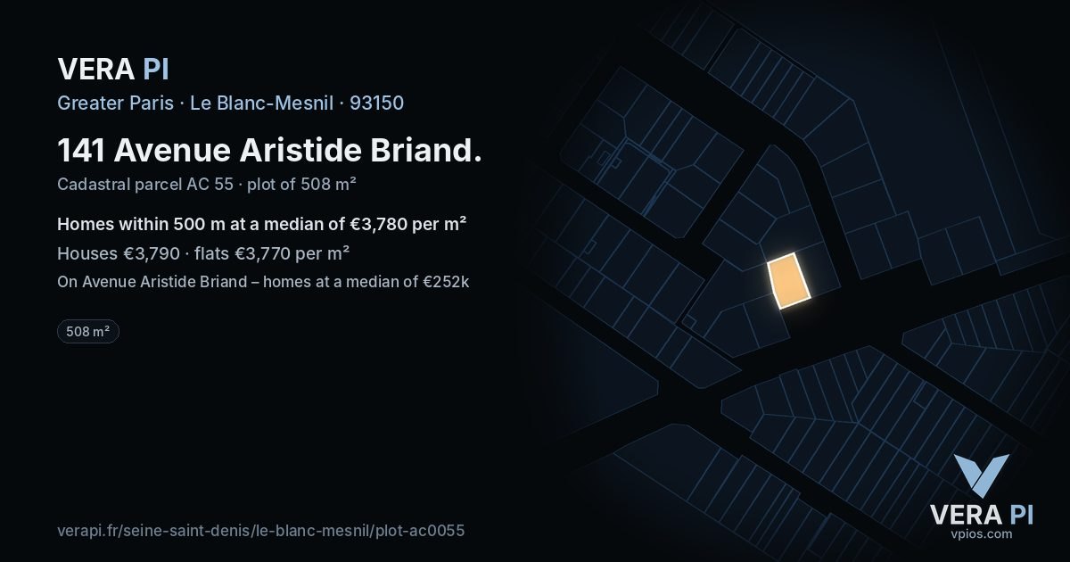 141 Avenue Aristide Briand, Le Blanc-Mesnil at night – the plot lit, the parcels around coloured by the prices near them