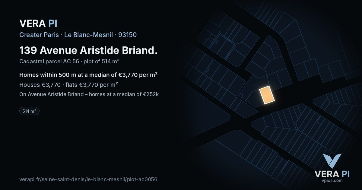 139 Avenue Aristide Briand, Le Blanc-Mesnil at night – the plot lit, the parcels around coloured by the prices near them