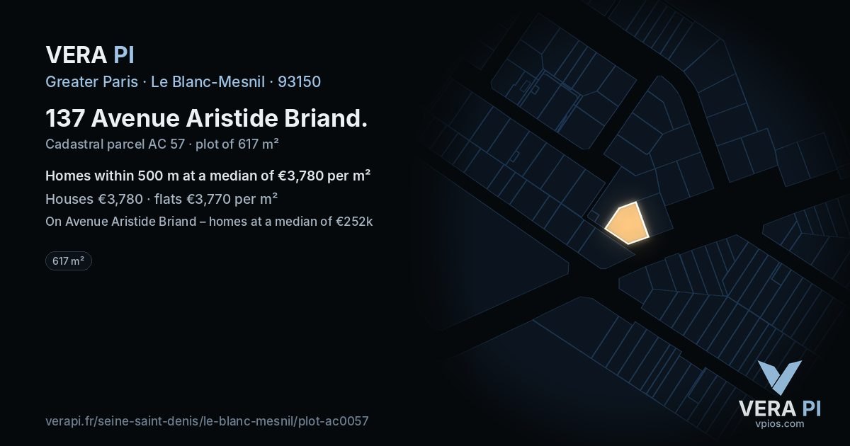 137 Avenue Aristide Briand, Le Blanc-Mesnil at night – the plot lit, the parcels around coloured by the prices near them