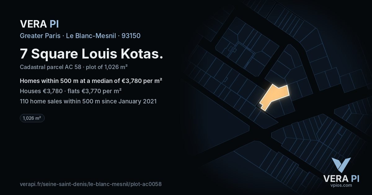 7 Square Louis Kotas, Le Blanc-Mesnil at night – the plot lit, the parcels around coloured by the prices near them
