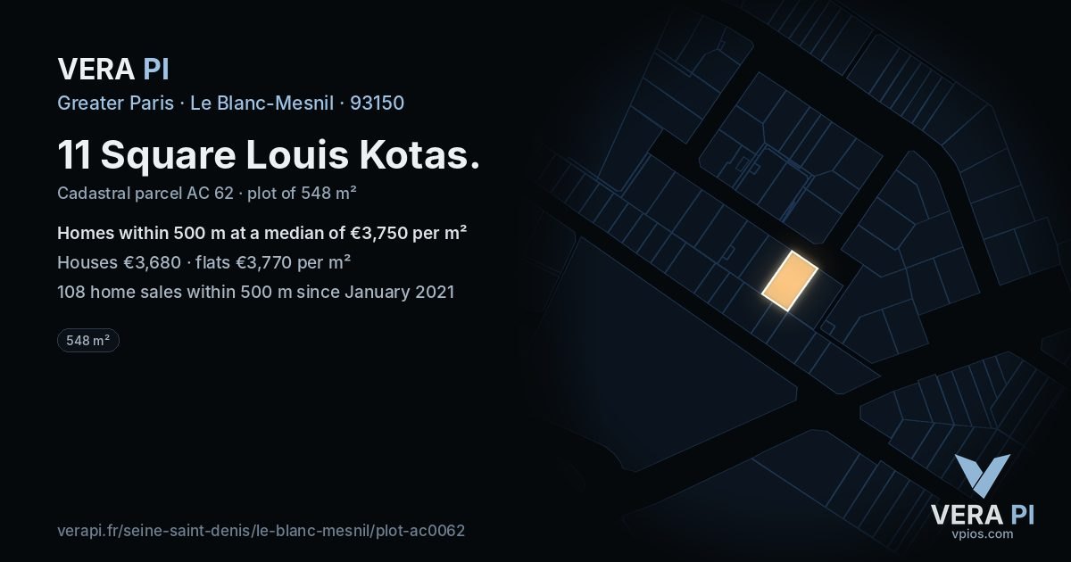 11 Square Louis Kotas, Le Blanc-Mesnil at night – the plot lit, the parcels around coloured by the prices near them