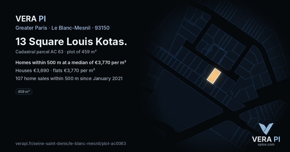 13 Square Louis Kotas, Le Blanc-Mesnil at night – the plot lit, the parcels around coloured by the prices near them