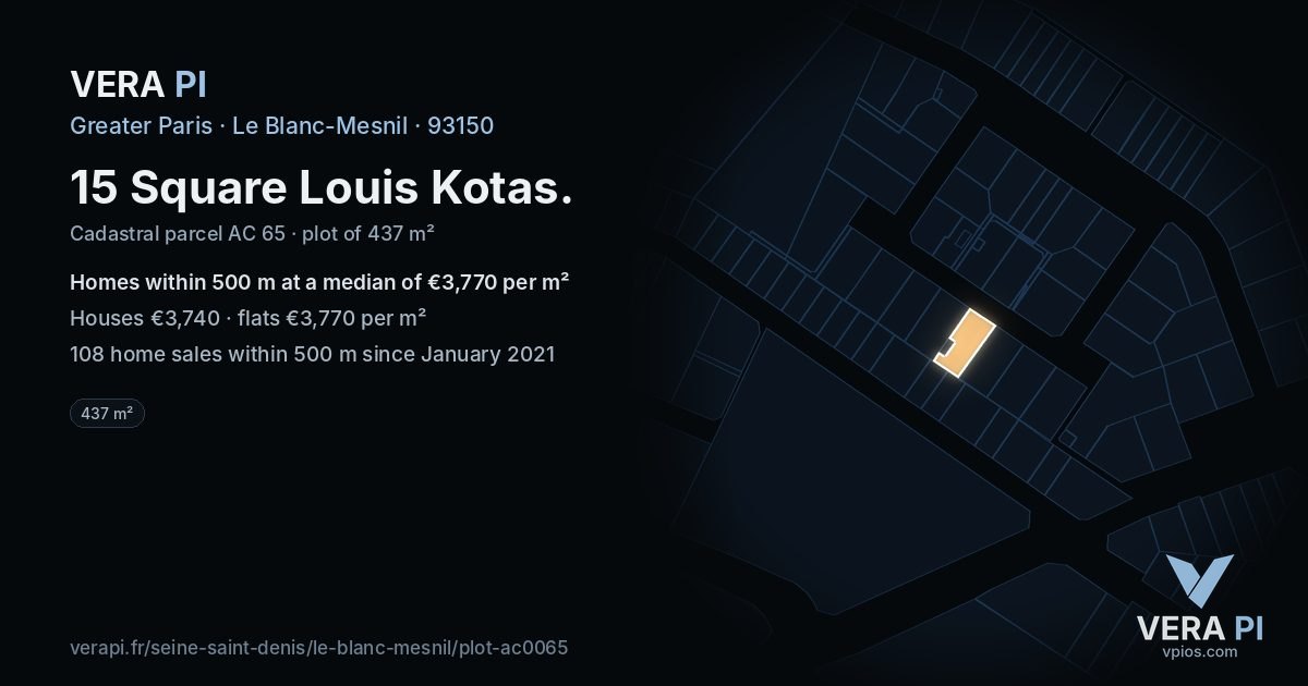 15 Square Louis Kotas, Le Blanc-Mesnil at night – the plot lit, the parcels around coloured by the prices near them