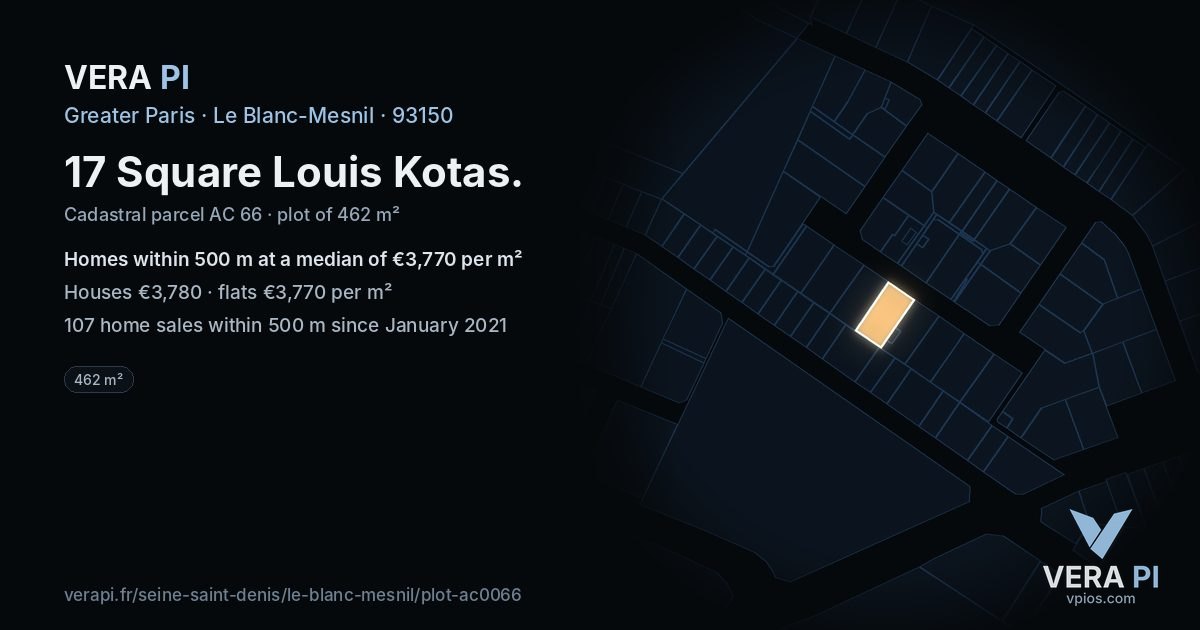 17 Square Louis Kotas, Le Blanc-Mesnil at night – the plot lit, the parcels around coloured by the prices near them