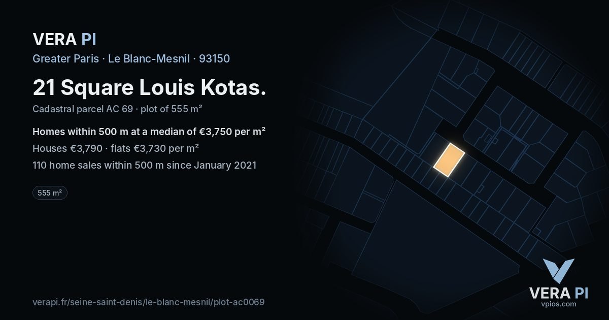 21 Square Louis Kotas, Le Blanc-Mesnil at night – the plot lit, the parcels around coloured by the prices near them