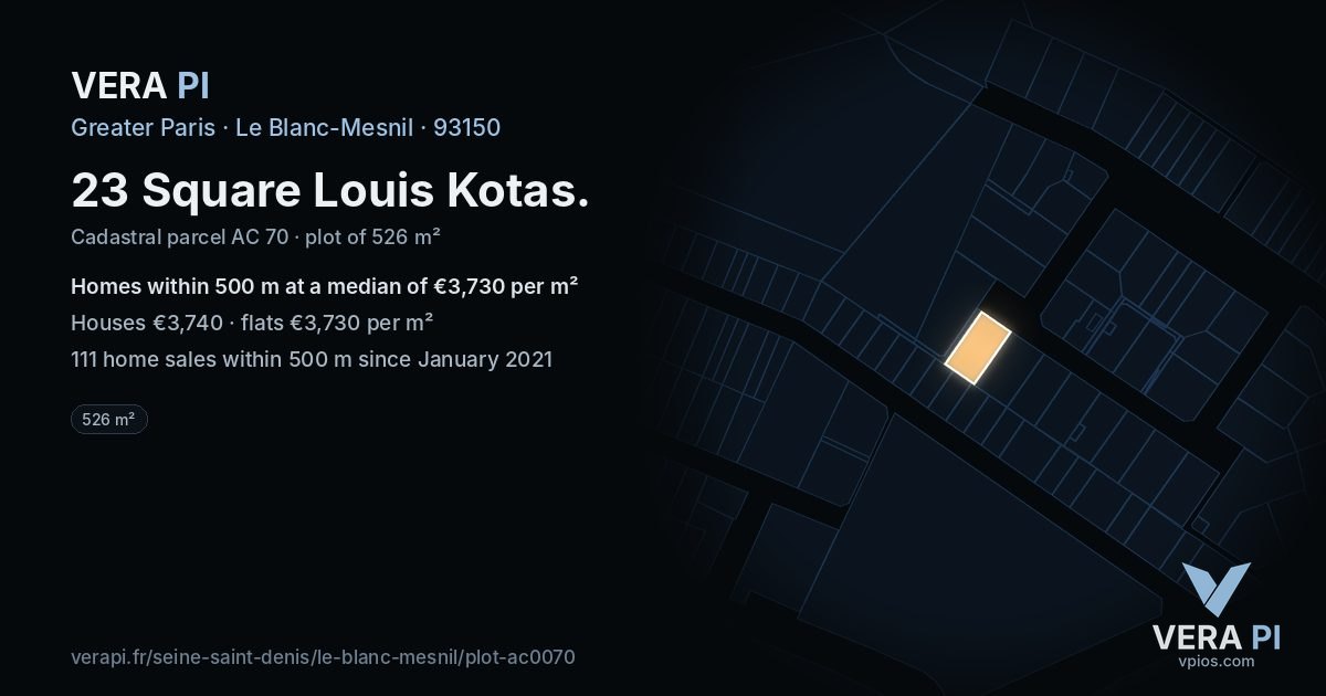 23 Square Louis Kotas, Le Blanc-Mesnil at night – the plot lit, the parcels around coloured by the prices near them