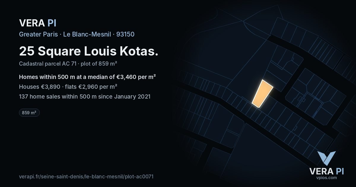 25 Square Louis Kotas, Le Blanc-Mesnil at night – the plot lit, the parcels around coloured by the prices near them