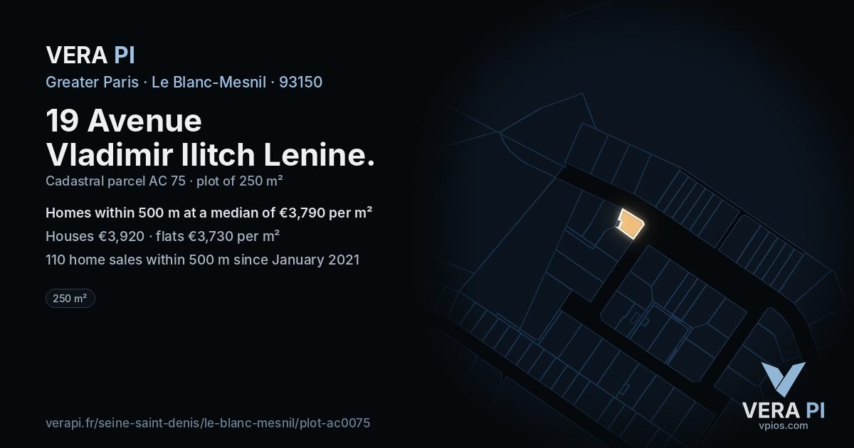 19 Avenue Vladimir Ilitch Lenine, Le Blanc-Mesnil at night – the plot lit, the parcels around coloured by the prices near them
