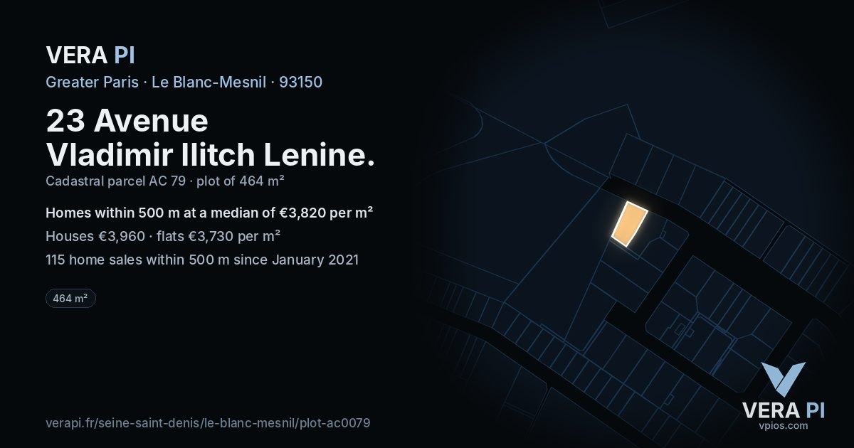 23 Avenue Vladimir Ilitch Lenine, Le Blanc-Mesnil at night – the plot lit, the parcels around coloured by the prices near them
