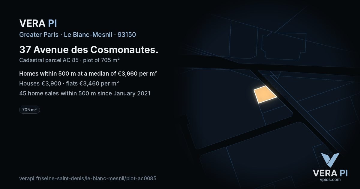 37 Avenue des Cosmonautes, Le Blanc-Mesnil at night – the plot lit, the parcels around coloured by the prices near them