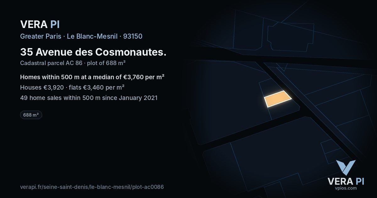 35 Avenue des Cosmonautes, Le Blanc-Mesnil at night – the plot lit, the parcels around coloured by the prices near them