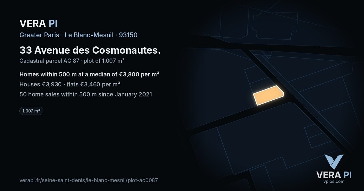 33 Avenue des Cosmonautes, Le Blanc-Mesnil at night – the plot lit, the parcels around coloured by the prices near them