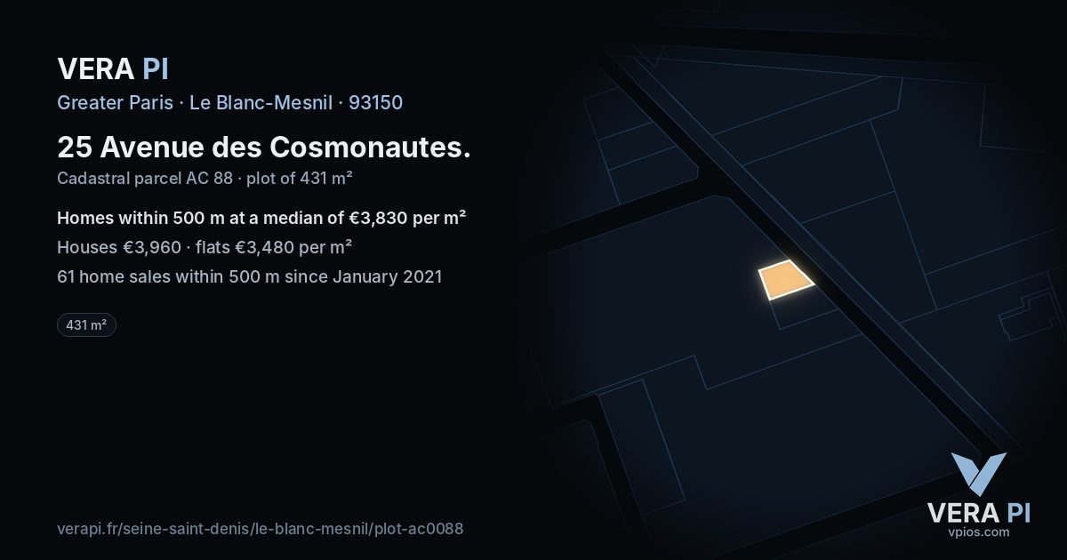 25 Avenue des Cosmonautes, Le Blanc-Mesnil at night – the plot lit, the parcels around coloured by the prices near them