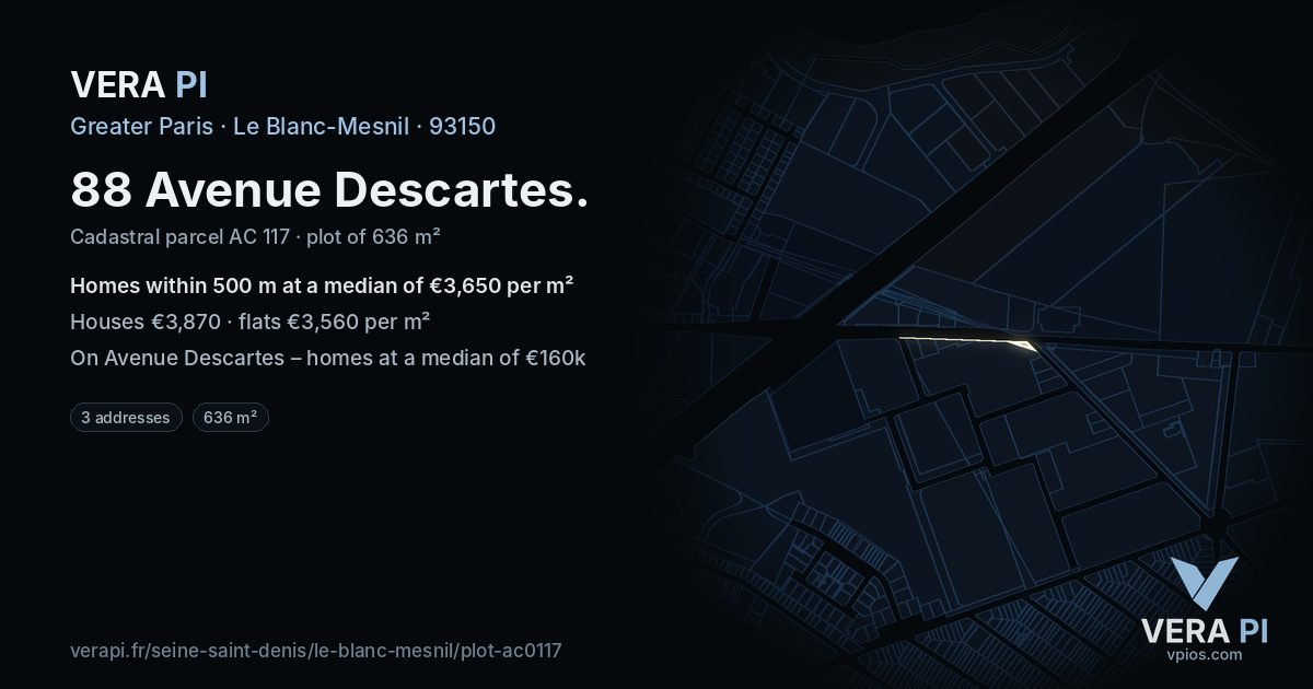 88 Avenue Descartes, Le Blanc-Mesnil at night – the plot lit, the parcels around coloured by the prices near them