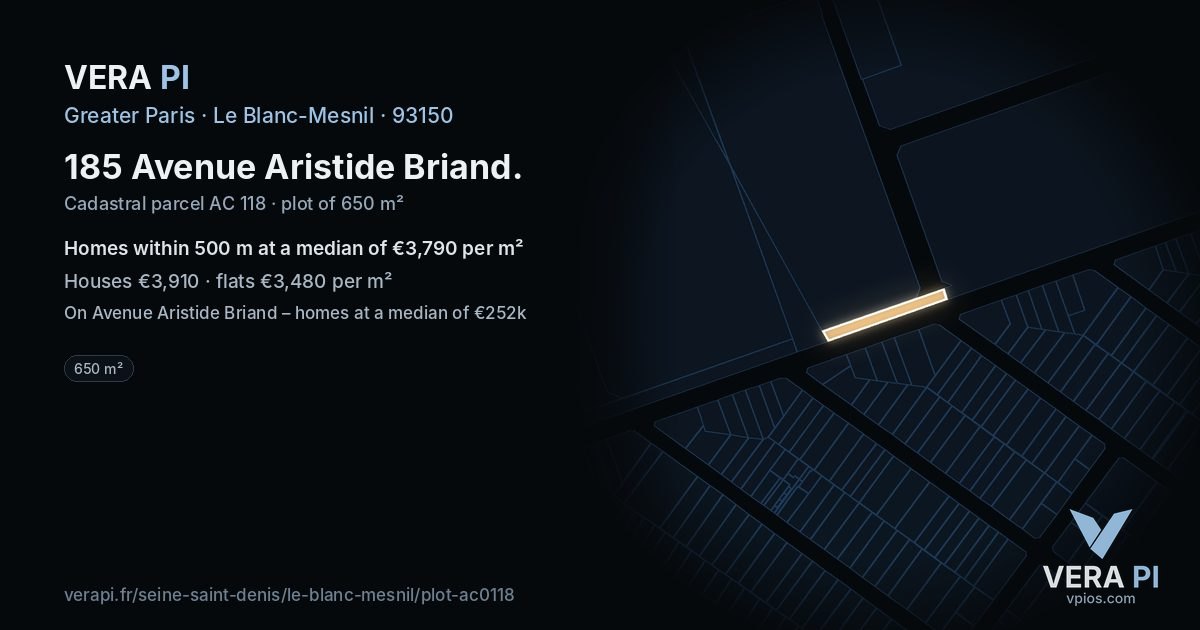 185 Avenue Aristide Briand, Le Blanc-Mesnil at night – the plot lit, the parcels around coloured by the prices near them