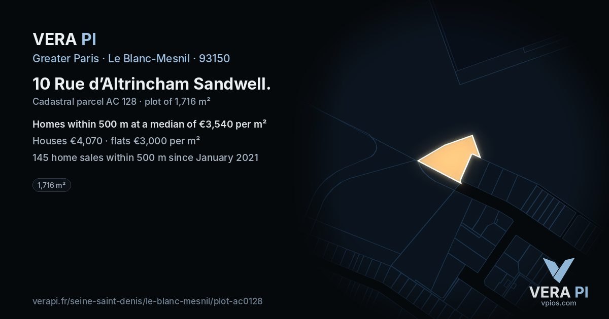 10 Rue d’Altrincham Sandwell, Le Blanc-Mesnil at night – the plot lit, the parcels around coloured by the prices near them
