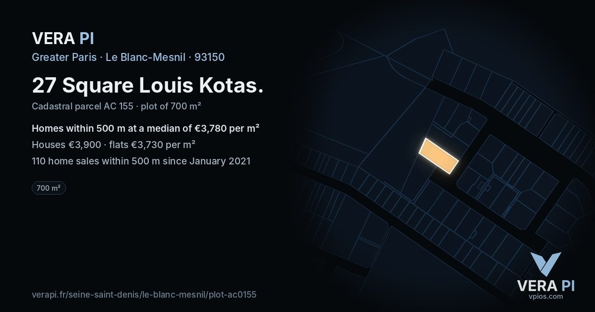 27 Square Louis Kotas, Le Blanc-Mesnil at night – the plot lit, the parcels around coloured by the prices near them