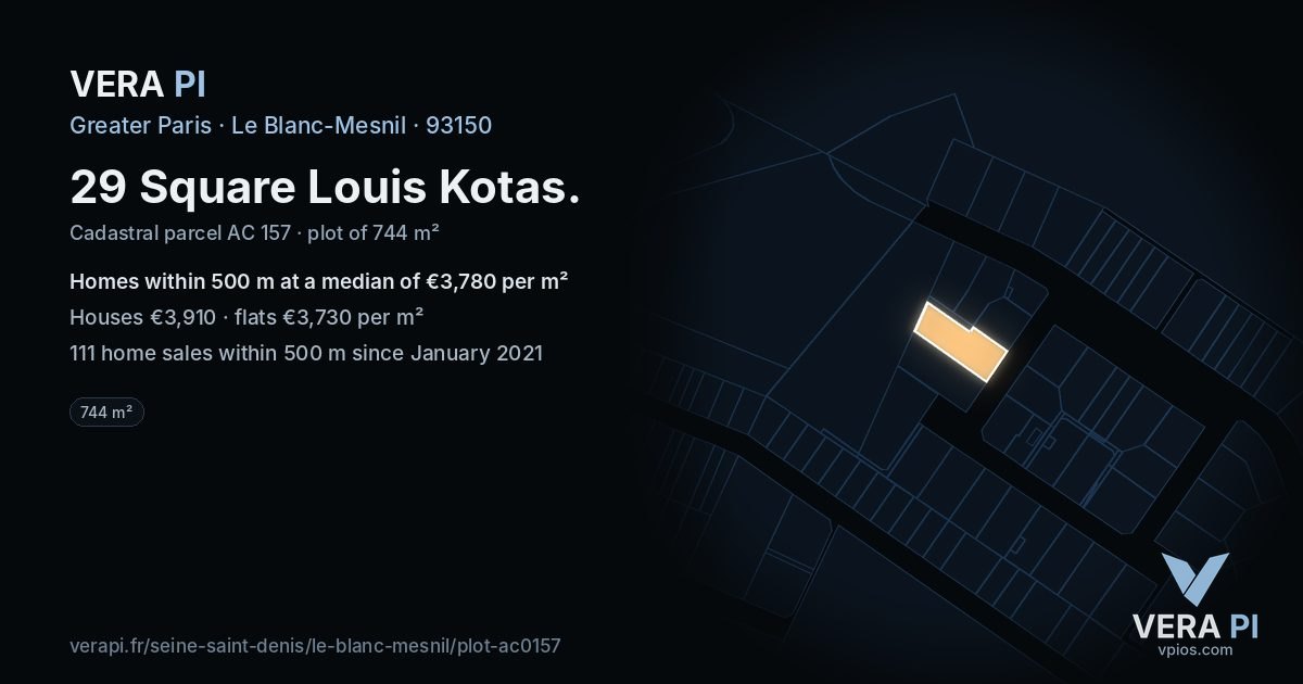 29 Square Louis Kotas, Le Blanc-Mesnil at night – the plot lit, the parcels around coloured by the prices near them