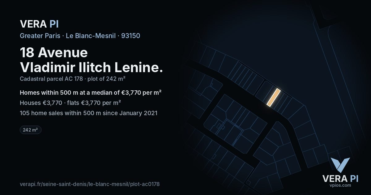 18 Avenue Vladimir Ilitch Lenine, Le Blanc-Mesnil at night – the plot lit, the parcels around coloured by the prices near them