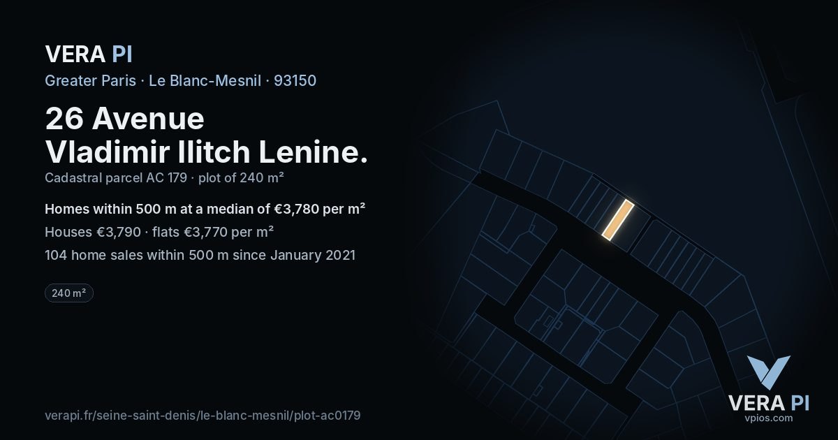 26 Avenue Vladimir Ilitch Lenine, Le Blanc-Mesnil at night – the plot lit, the parcels around coloured by the prices near them