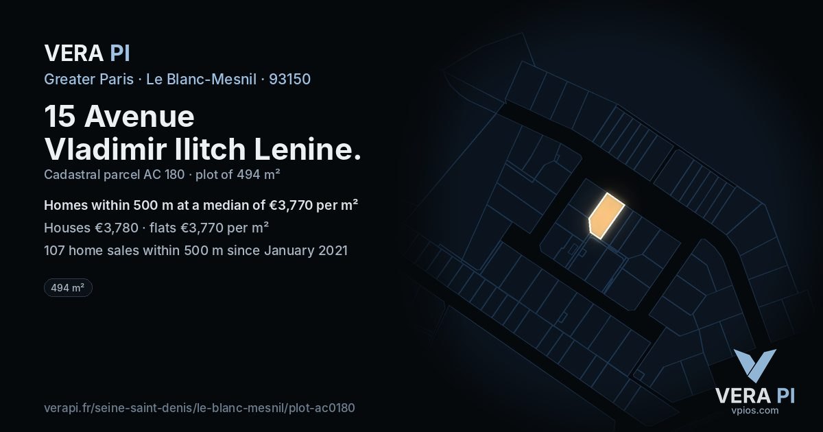 15 Avenue Vladimir Ilitch Lenine, Le Blanc-Mesnil at night – the plot lit, the parcels around coloured by the prices near them