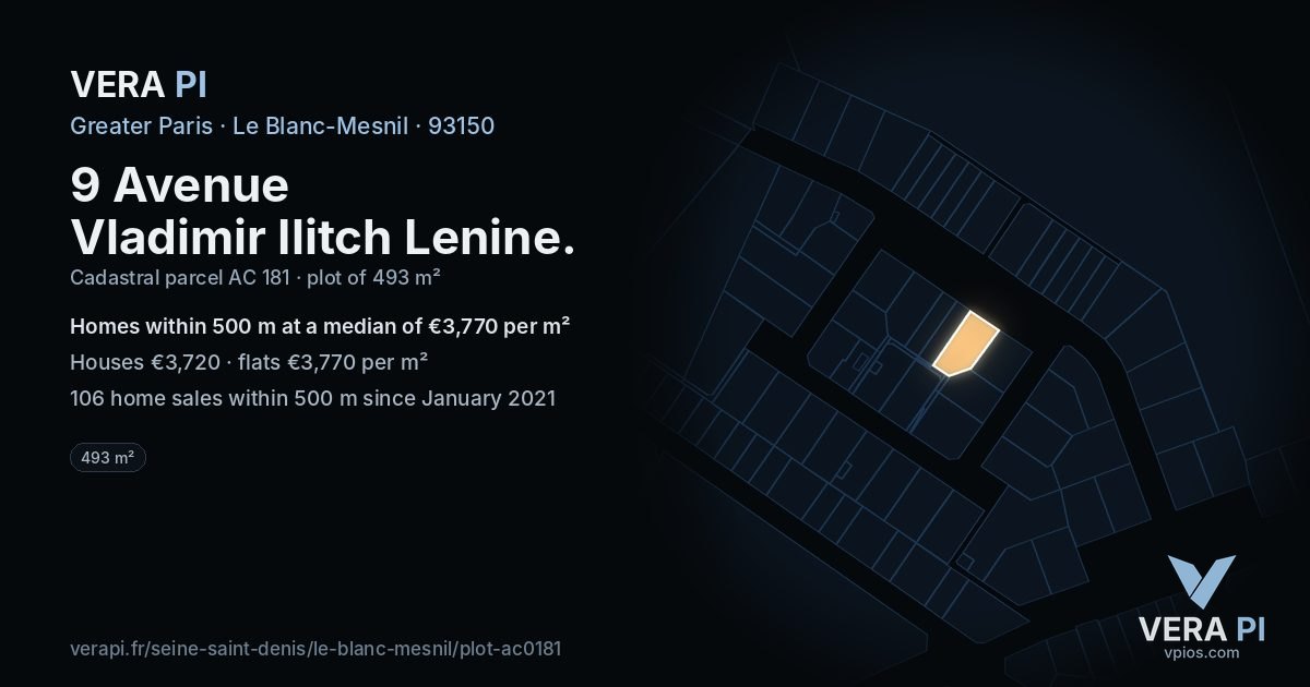9 Avenue Vladimir Ilitch Lenine, Le Blanc-Mesnil at night – the plot lit, the parcels around coloured by the prices near them
