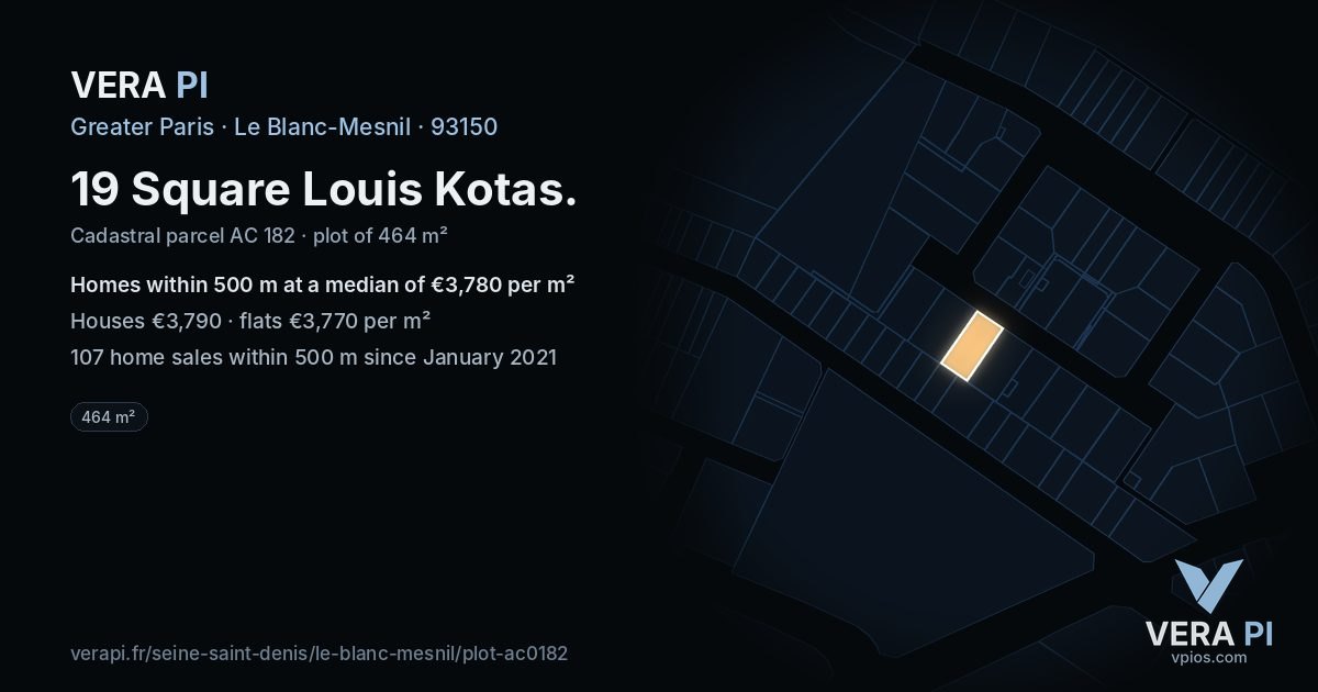 19 Square Louis Kotas, Le Blanc-Mesnil at night – the plot lit, the parcels around coloured by the prices near them
