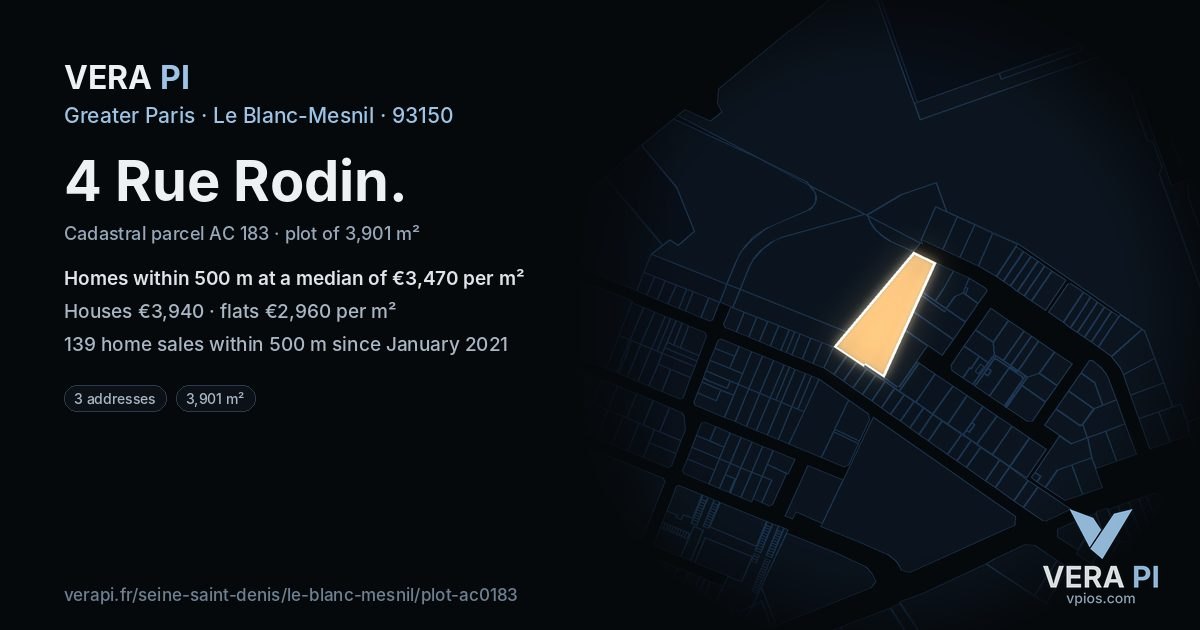 4 Rue Rodin, Le Blanc-Mesnil at night – the plot lit, the parcels around coloured by the prices near them