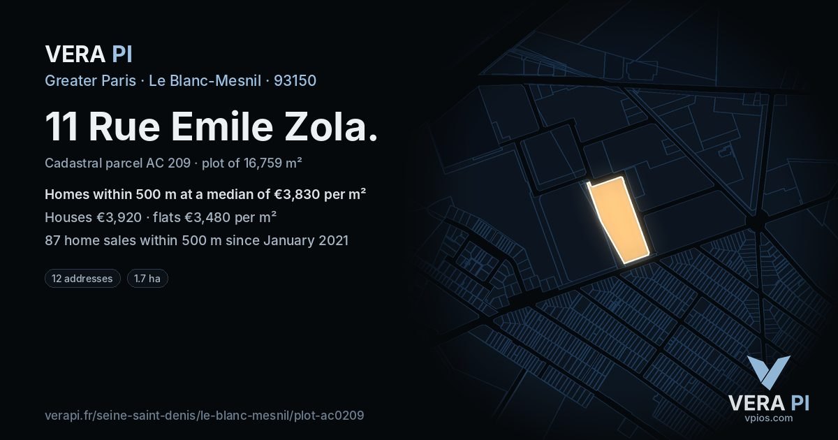 11 Rue Emile Zola, Le Blanc-Mesnil at night – the plot lit, the parcels around coloured by the prices near them
