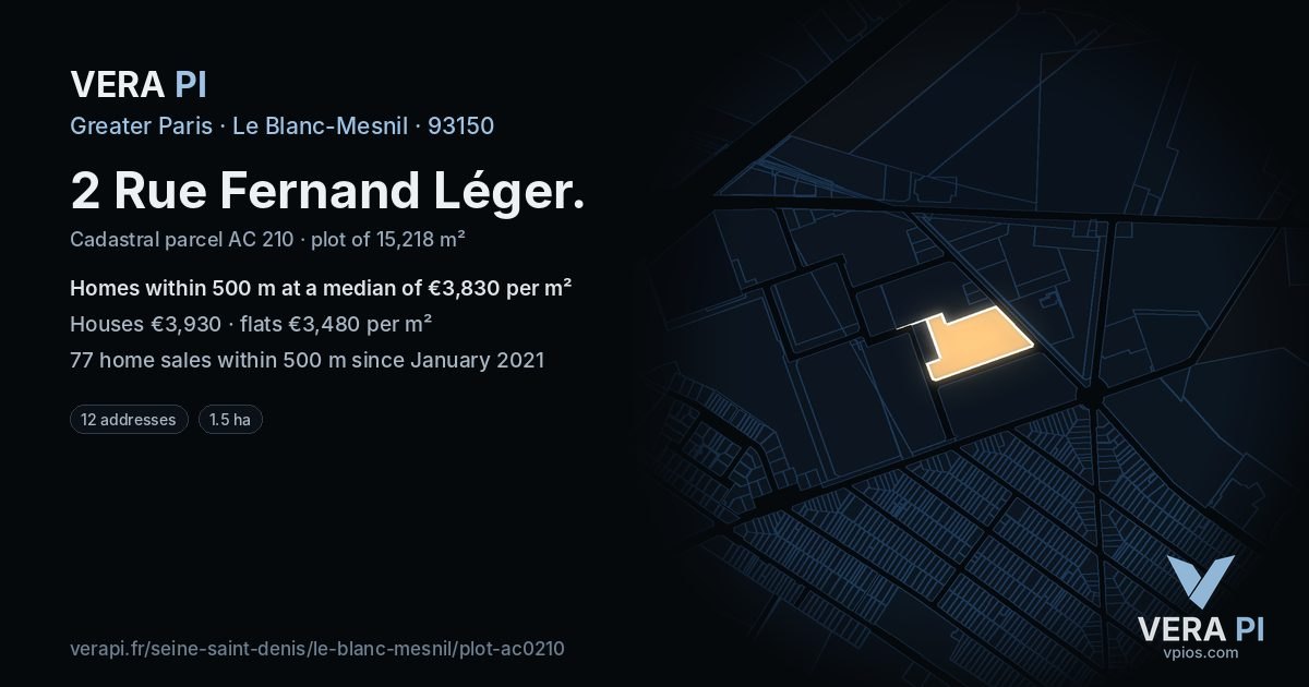 2 Rue Fernand Léger, Le Blanc-Mesnil at night – the plot lit, the parcels around coloured by the prices near them