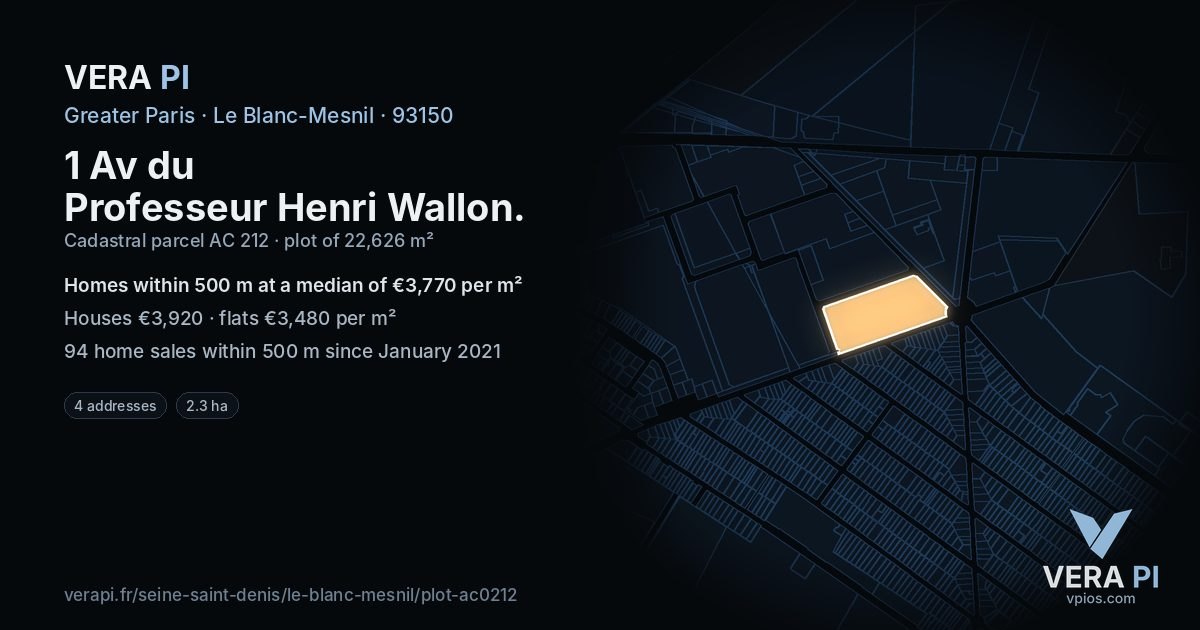 1 Av du Professeur Henri Wallon, Le Blanc-Mesnil at night – the plot lit, the parcels around coloured by the prices near them