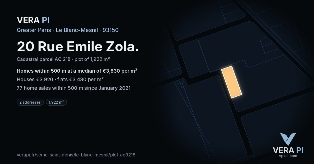 20 Rue Emile Zola, Le Blanc-Mesnil at night – the plot lit, the parcels around coloured by the prices near them