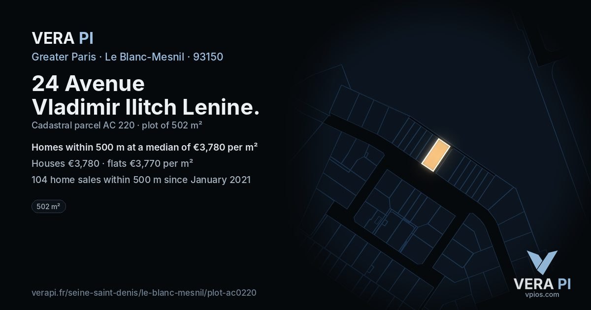 24 Avenue Vladimir Ilitch Lenine, Le Blanc-Mesnil at night – the plot lit, the parcels around coloured by the prices near them