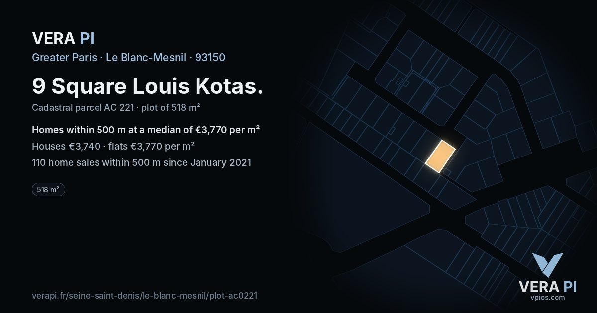 9 Square Louis Kotas, Le Blanc-Mesnil at night – the plot lit, the parcels around coloured by the prices near them