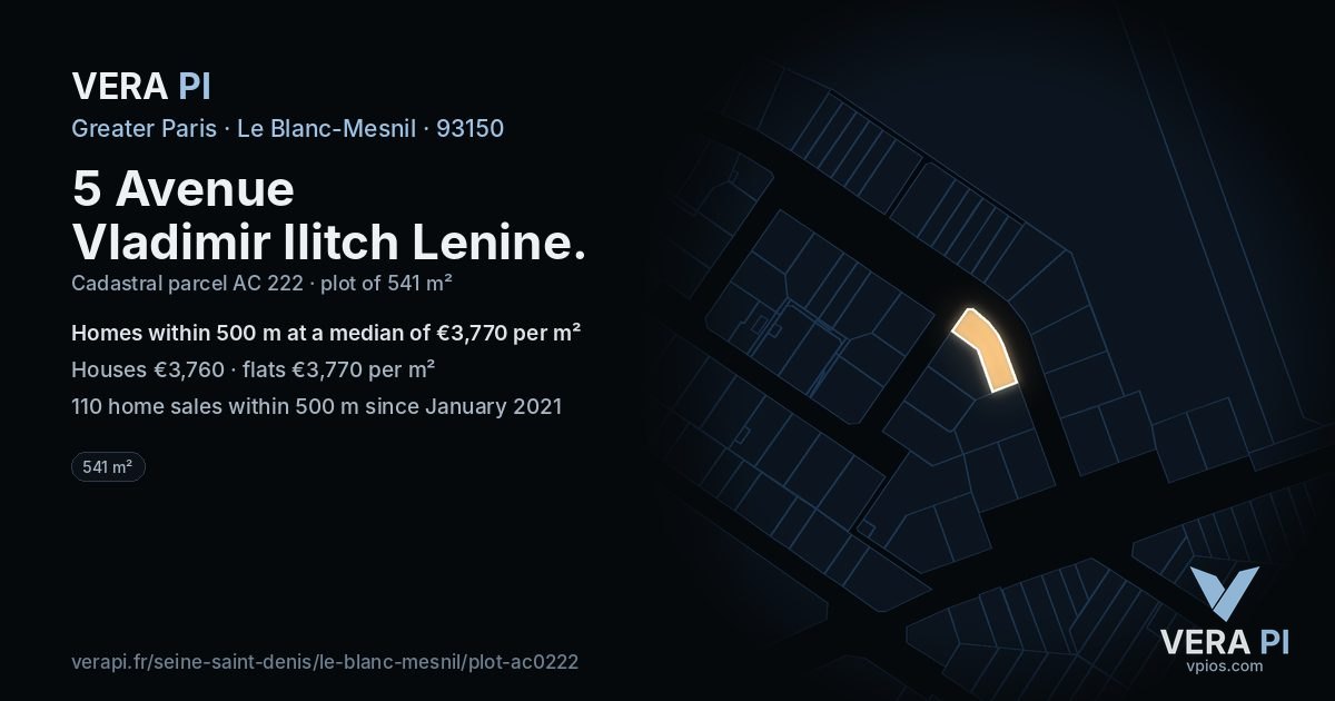 5 Avenue Vladimir Ilitch Lenine, Le Blanc-Mesnil at night – the plot lit, the parcels around coloured by the prices near them