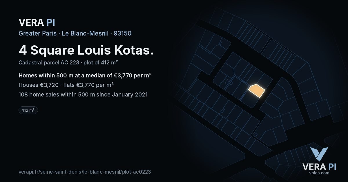 4 Square Louis Kotas, Le Blanc-Mesnil at night – the plot lit, the parcels around coloured by the prices near them