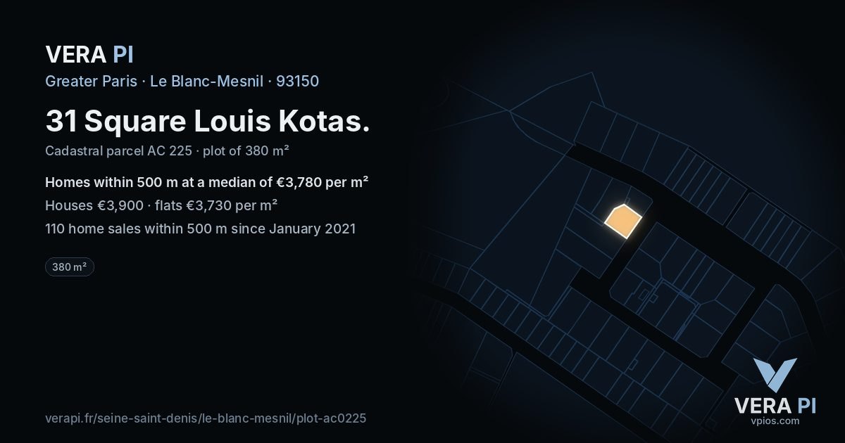 31 Square Louis Kotas, Le Blanc-Mesnil at night – the plot lit, the parcels around coloured by the prices near them